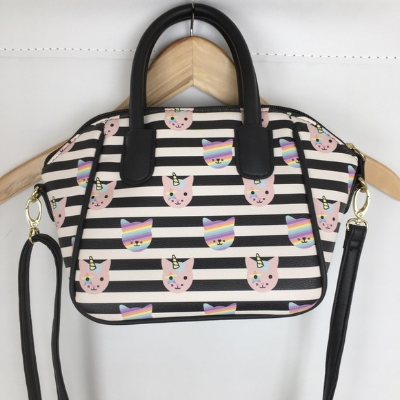 Luv Betsey Betsey Johnson Unicorn Cat Satchel Purse Bag Black White Stripe Small - Picture 4 of 13